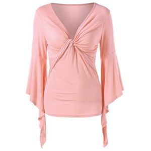 Pink Low V Twist Front Bell Sleeves Shirt-L